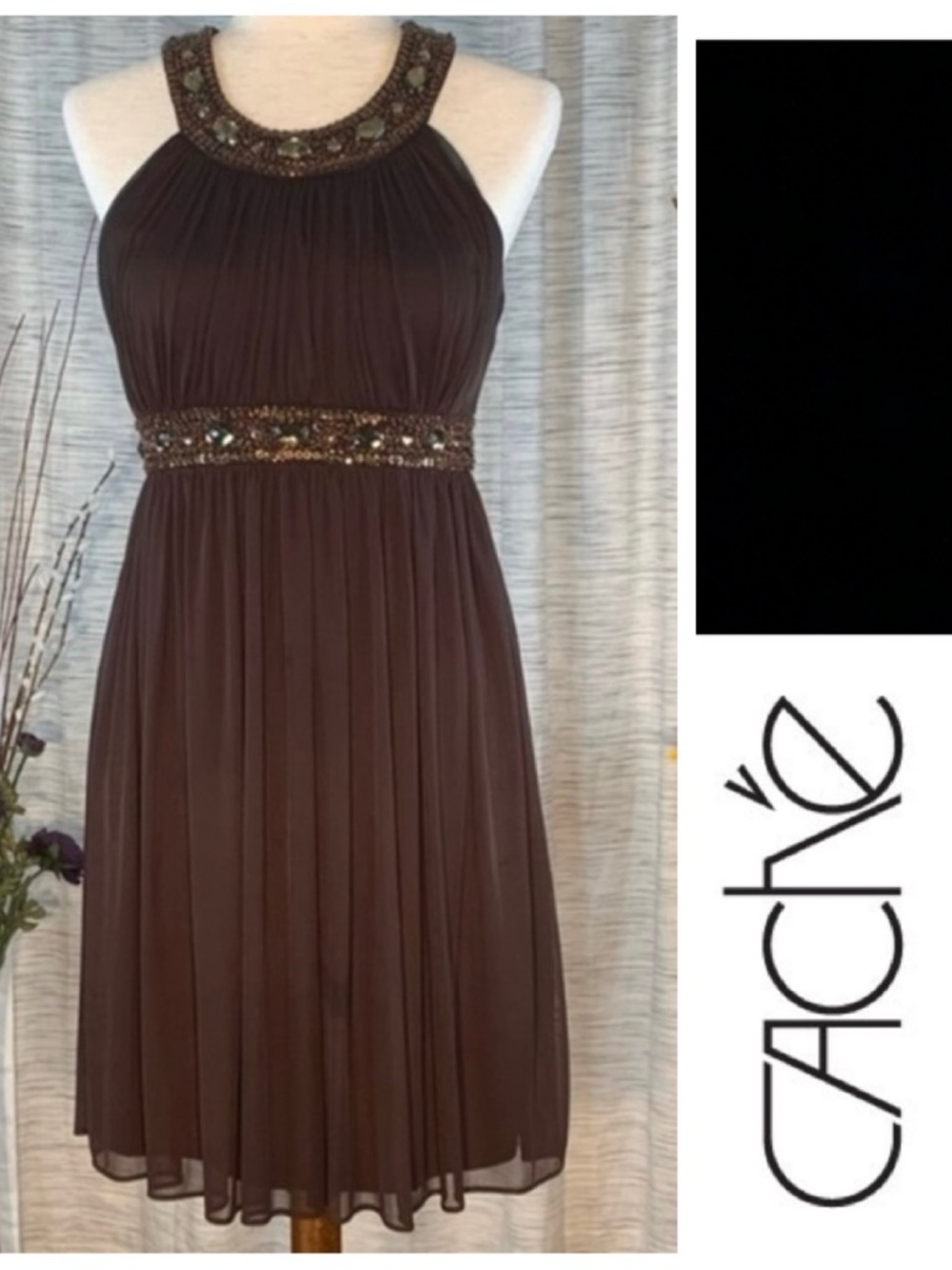 Cache brown flowing sleeveless party dress.